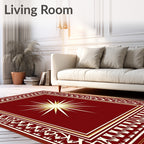 Crimson Sunburst Geometric Border Rug