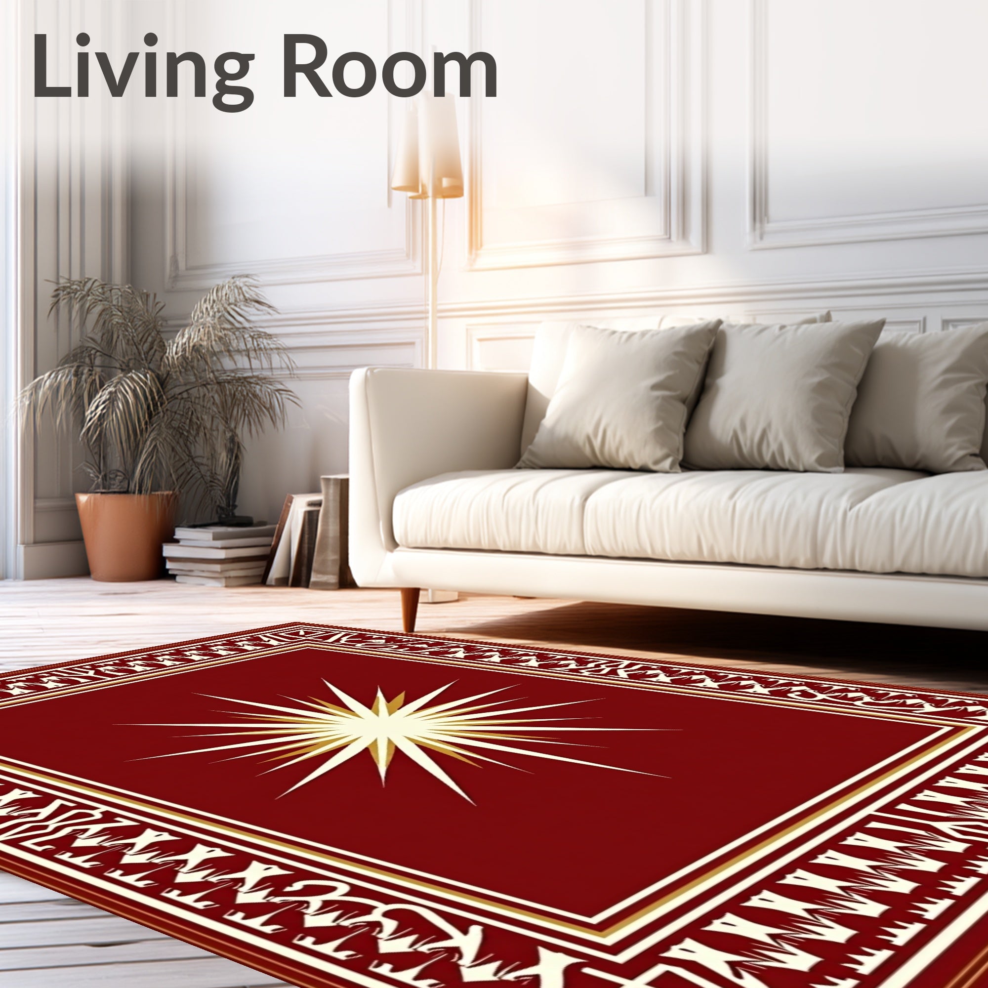 Crimson Sunburst Geometric Border Rug