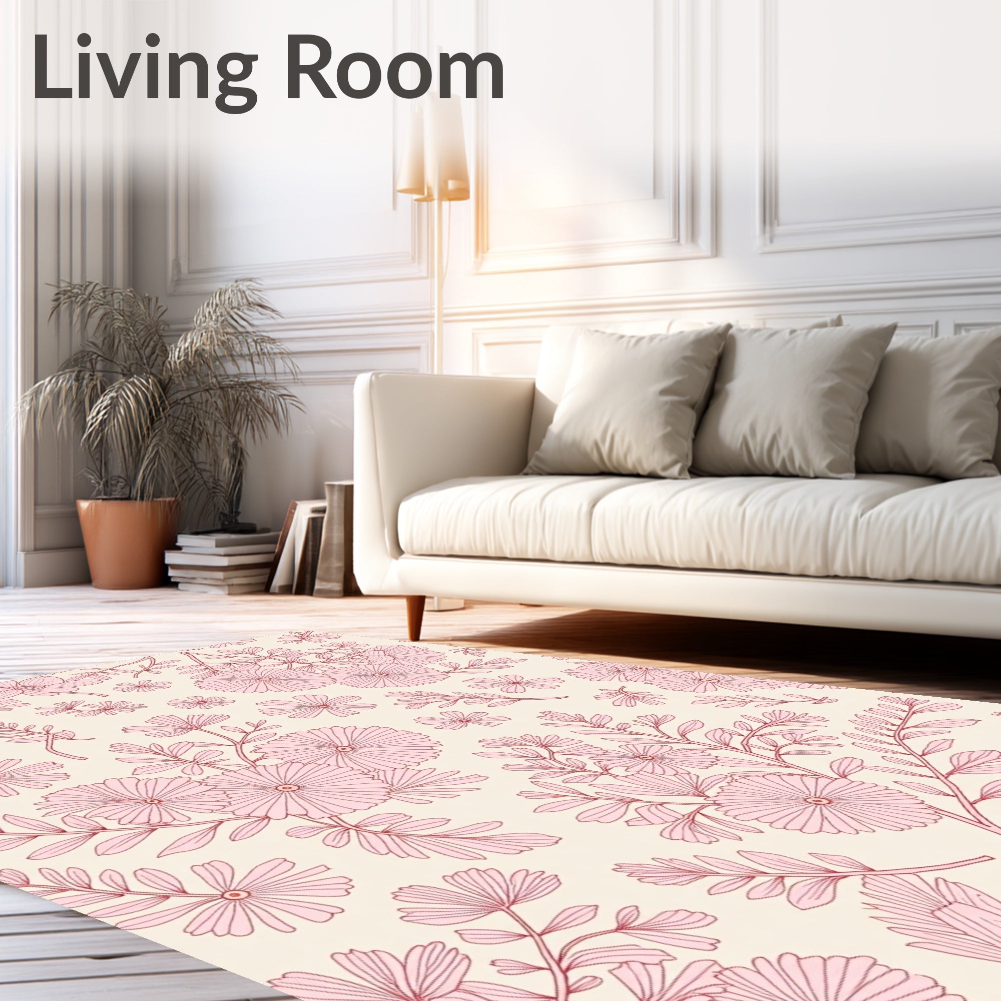 Soft Pink Floral Branches Cream Rug