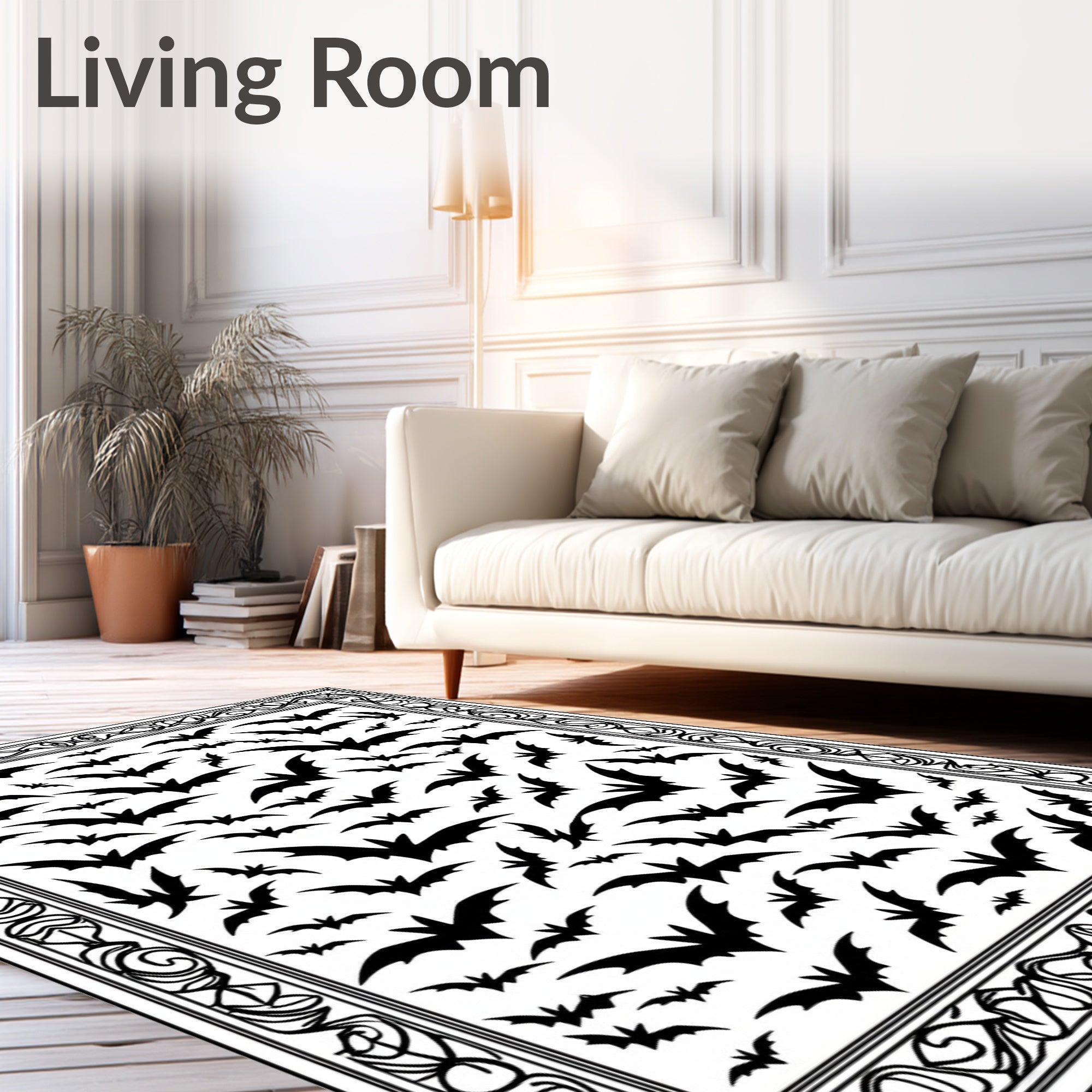 Spooky Black Bat Fluttering Flock Rug