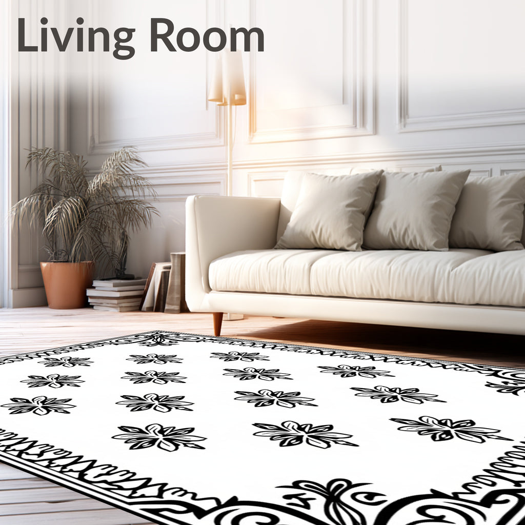 Black White Filigree Floral Medallion Rug