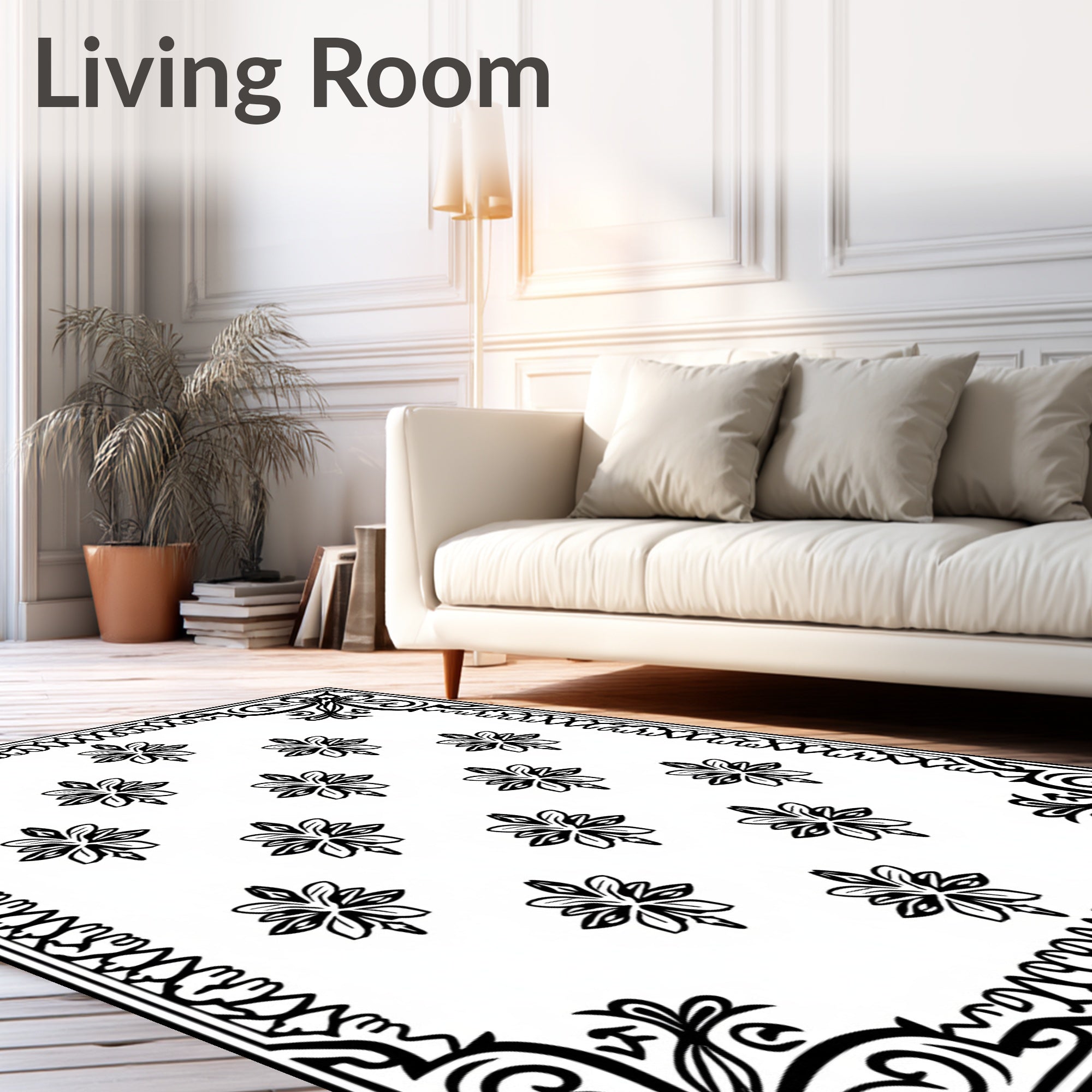 Black White Filigree Floral Medallion Rug