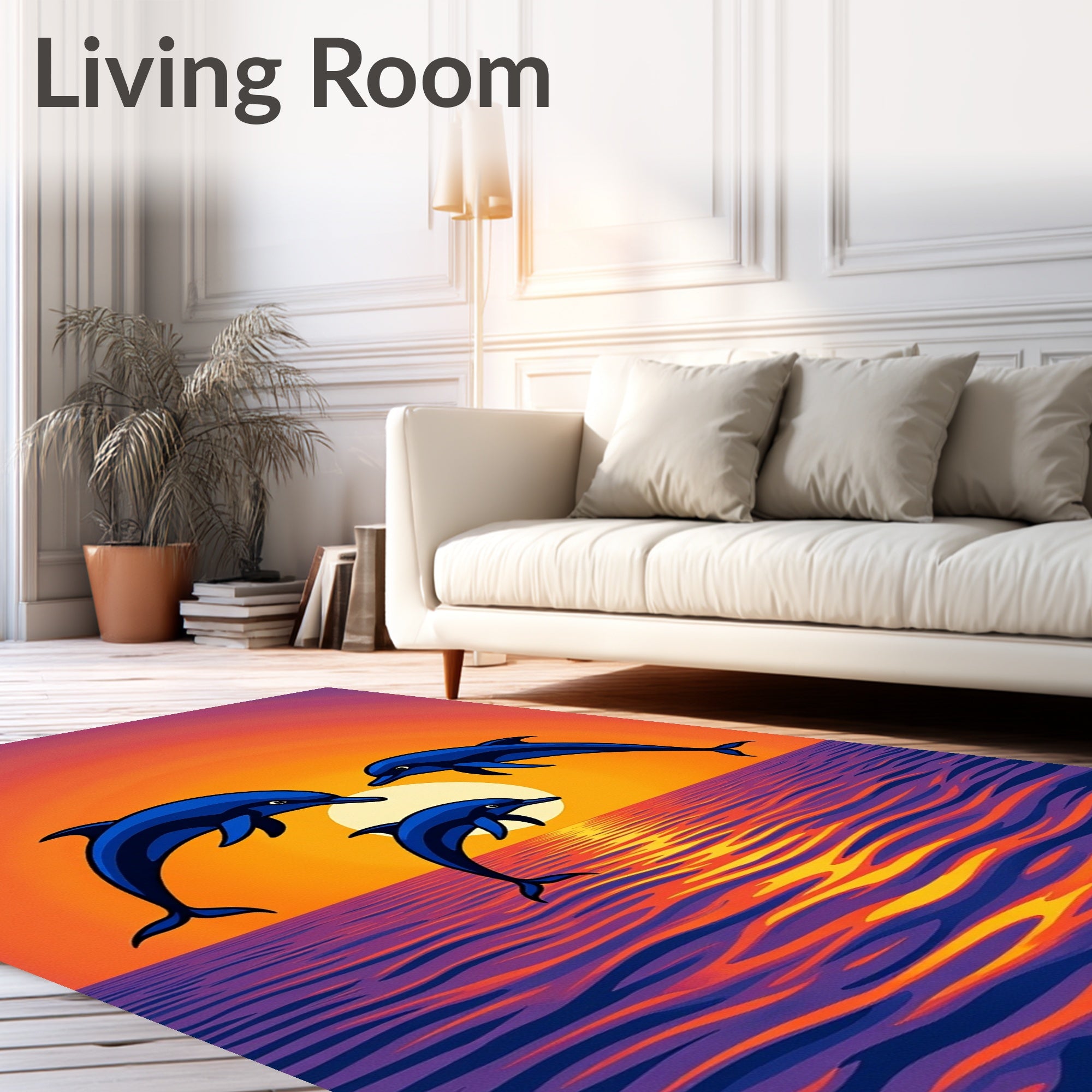 Vibrant Blue Dolphins Sunset Ocean Waves Rug