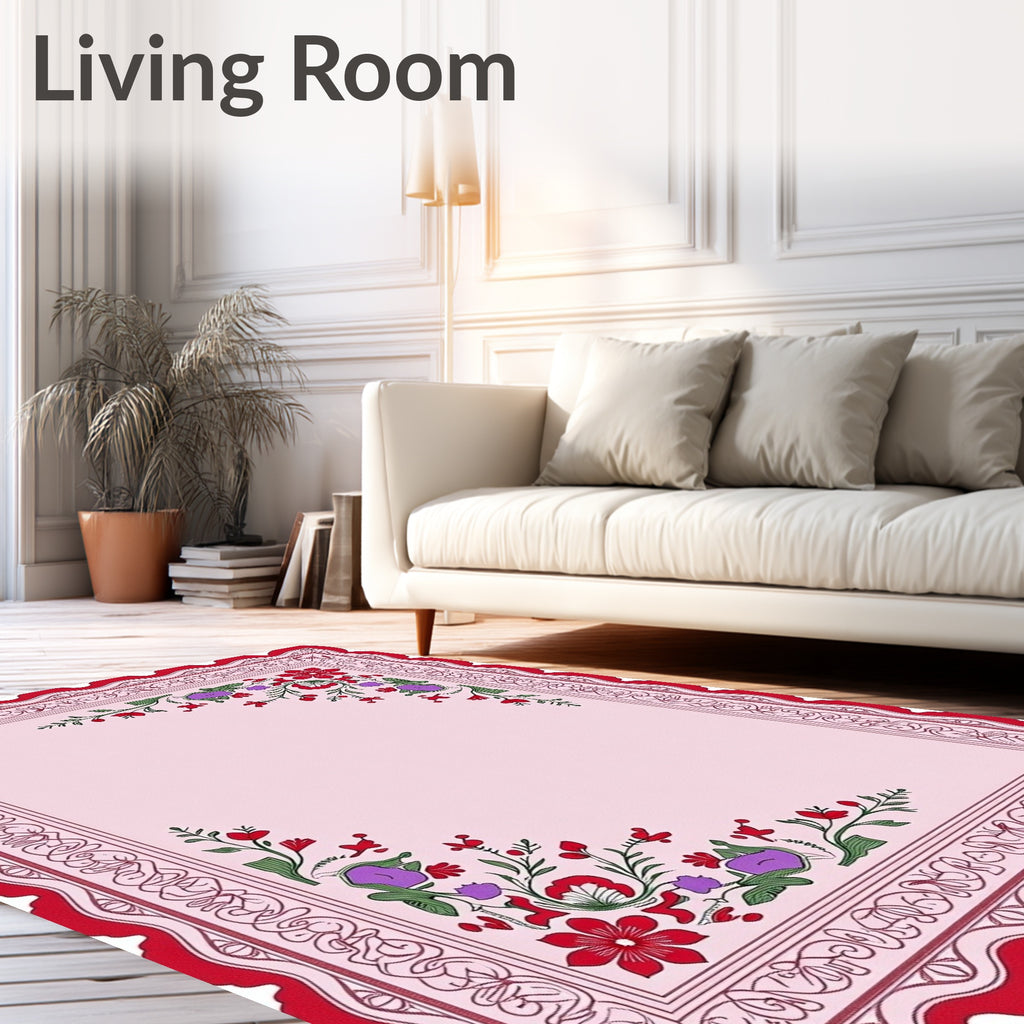 Red Floral Border Pink Background Rug