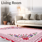 Red Floral Border Pink Background Rug