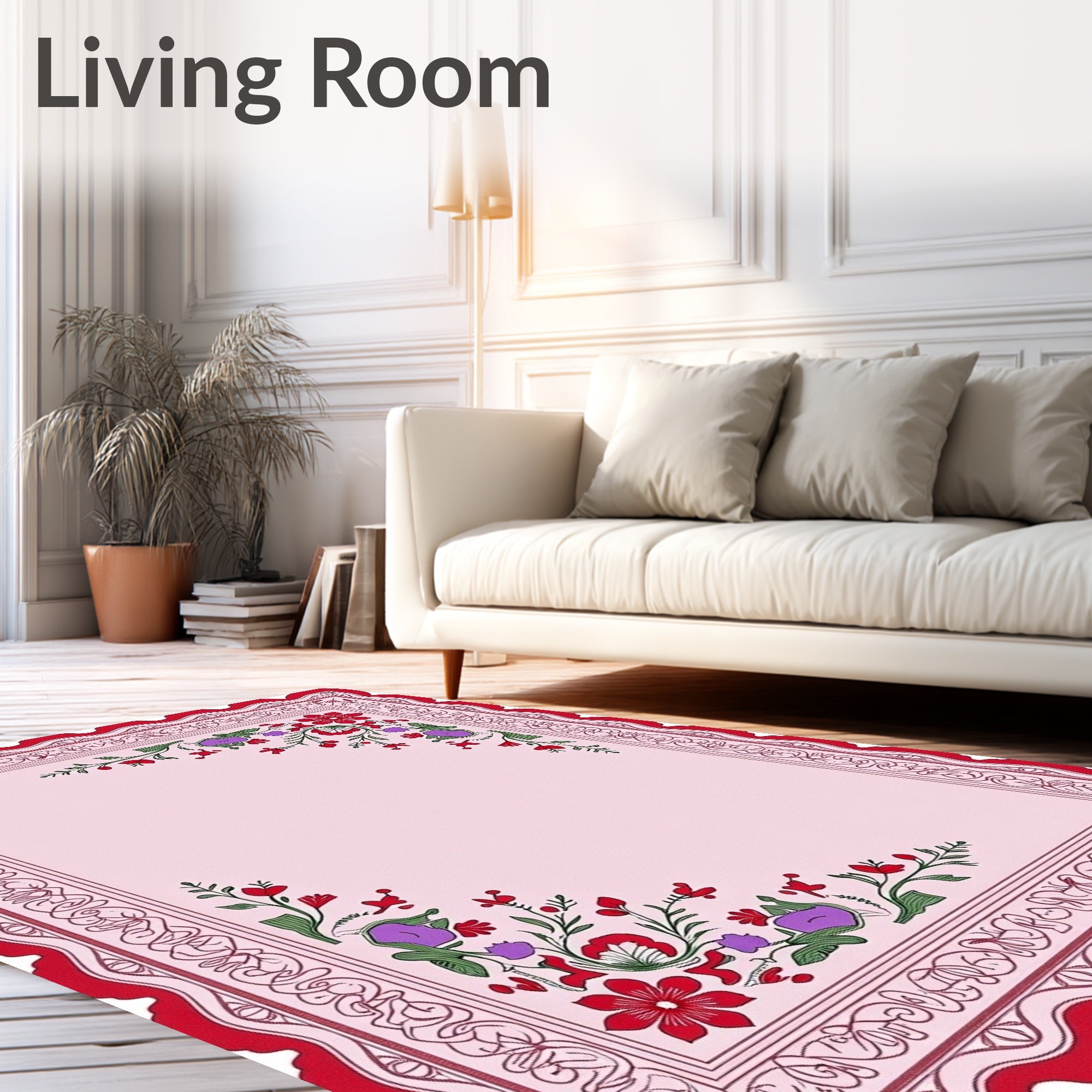 Red Floral Border Pink Background Rug