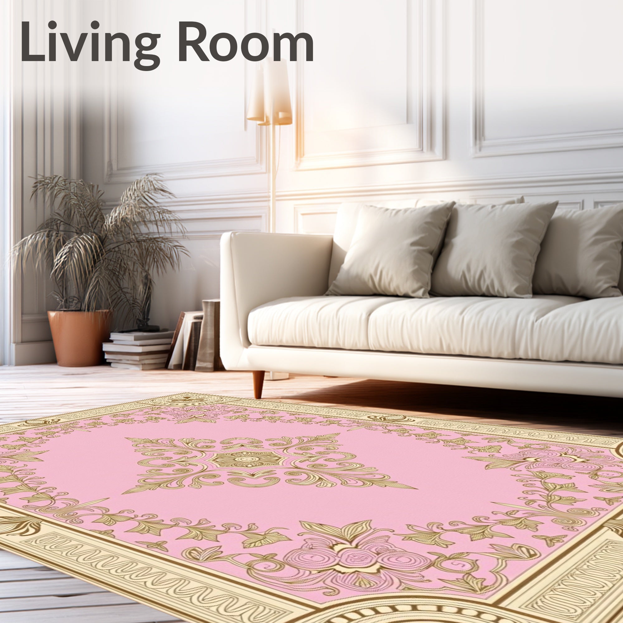 Gold Floral Vine Detailed Pink Rug