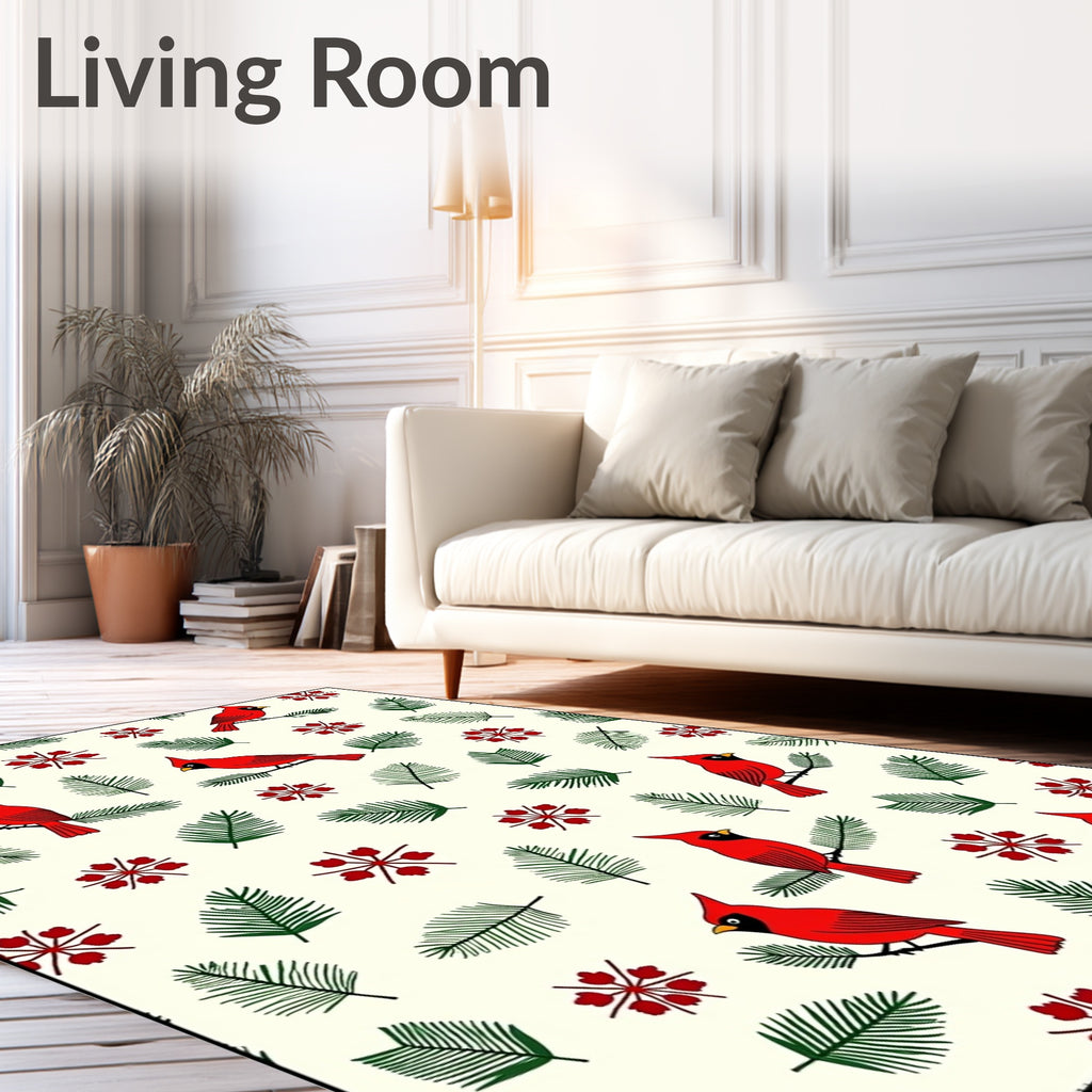 Crimson Birds Green Pine Branches Rug