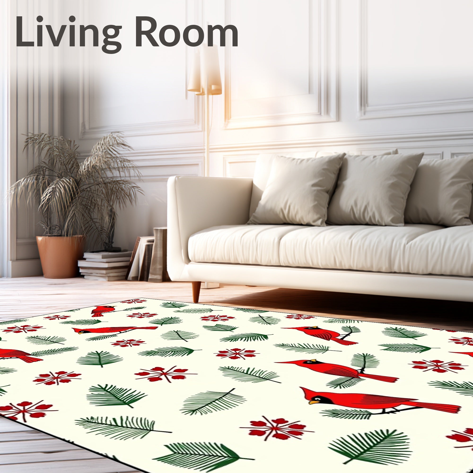 Crimson Birds Green Pine Branches Rug