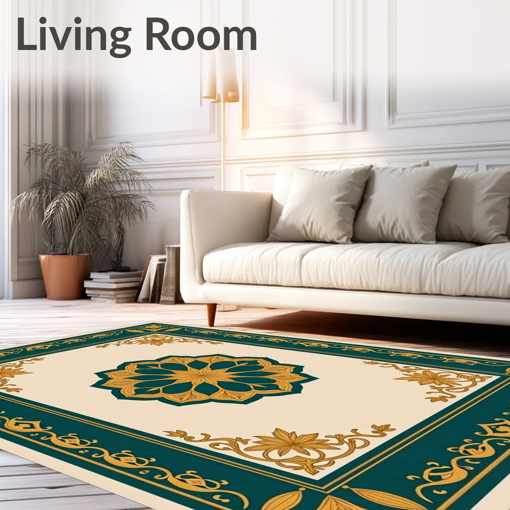 Deep Teal Golden Floral Medallion Rug