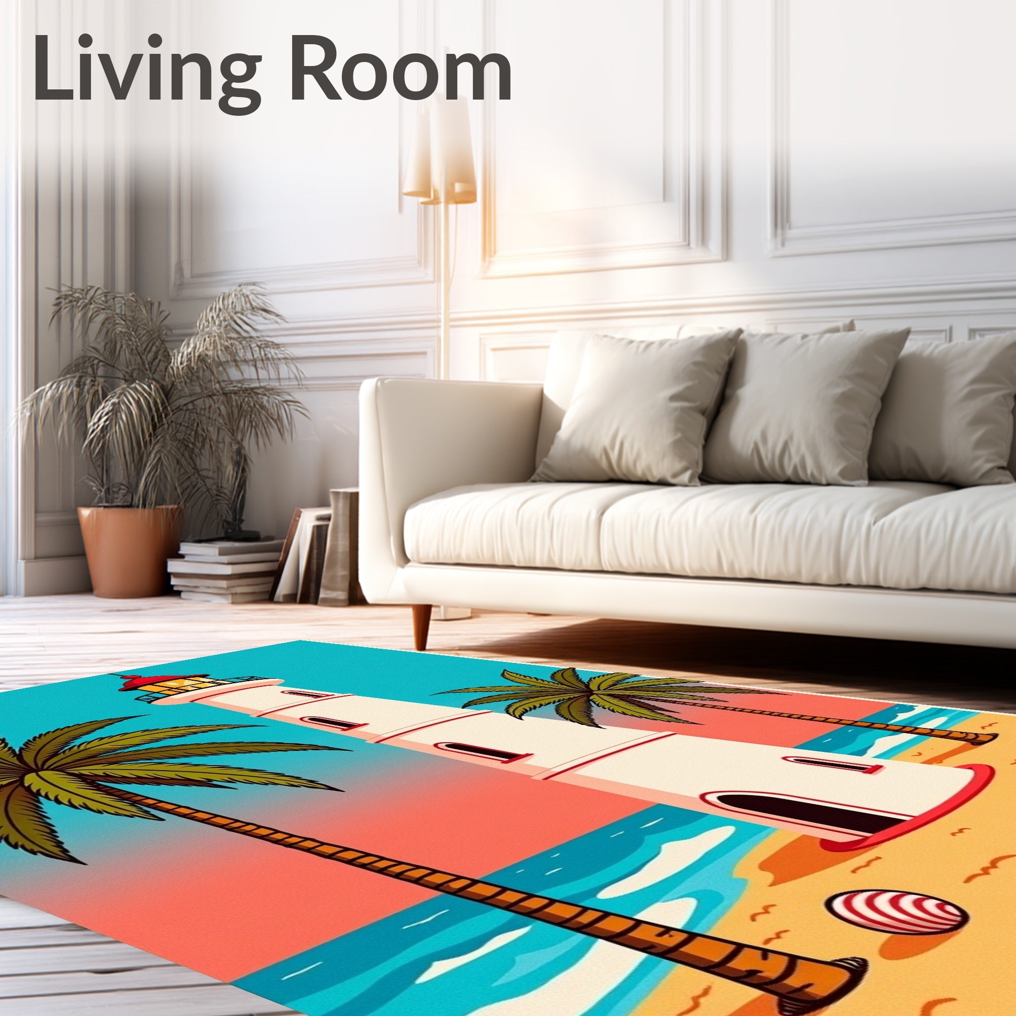 Coastal Lighthouse Palm Tree Beach Balls Rug
