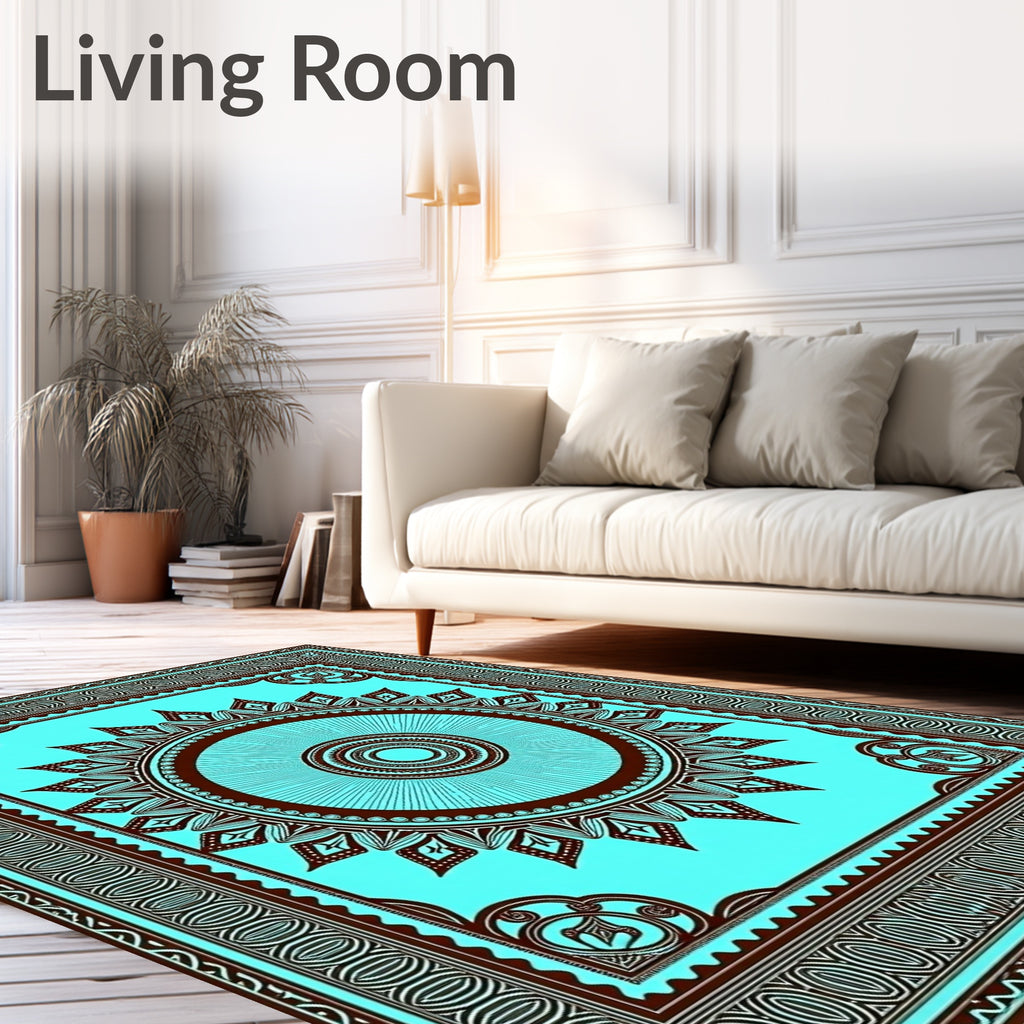 Aqua Brown Sunburst Medallion Border Rug