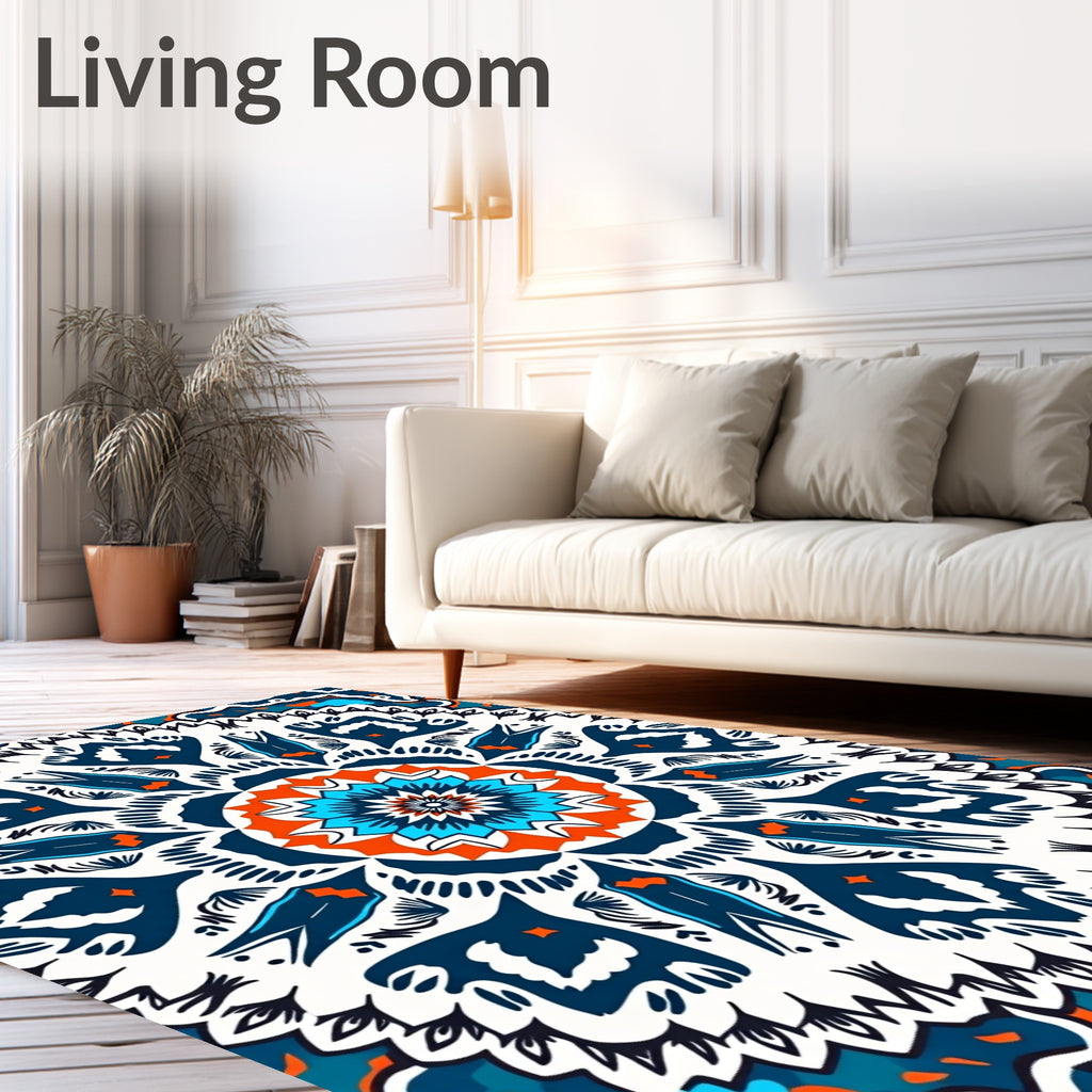 Vibrant Teal Orange Medallion Symmetry Rug