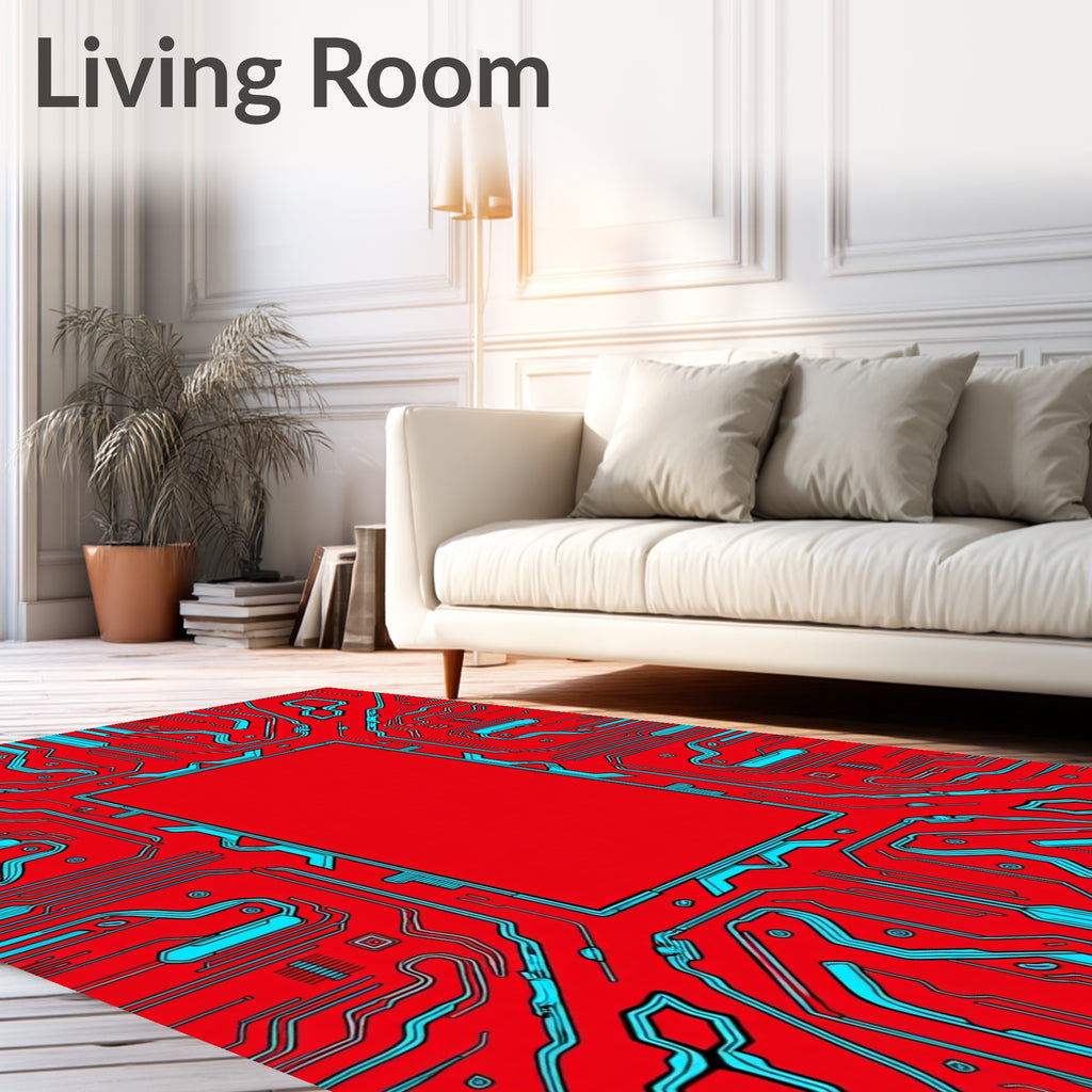 Red Circuit Board Neon Lines Rug