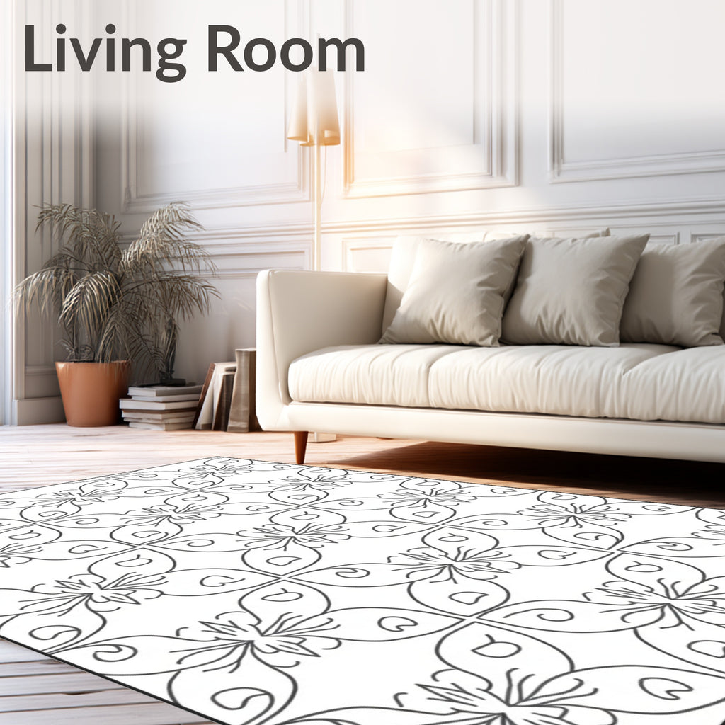 Black White Floral Butterfly Medallion Rug