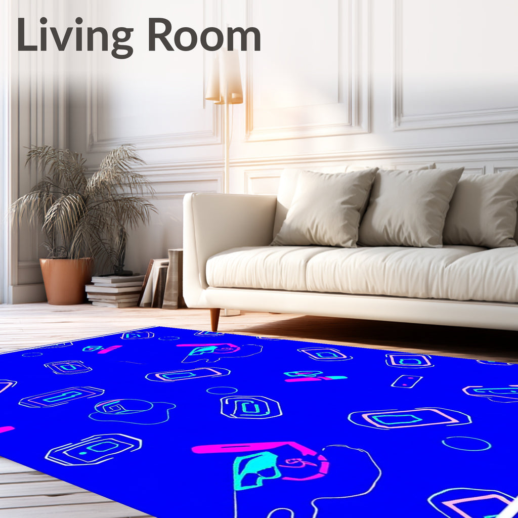 Retro Pink Blue Rectangles and Circles Rug