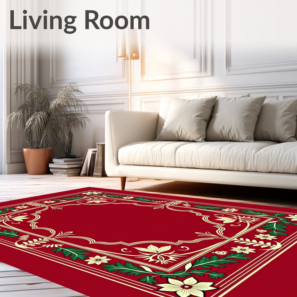 Ornate Red Floral Scroll Border Rug