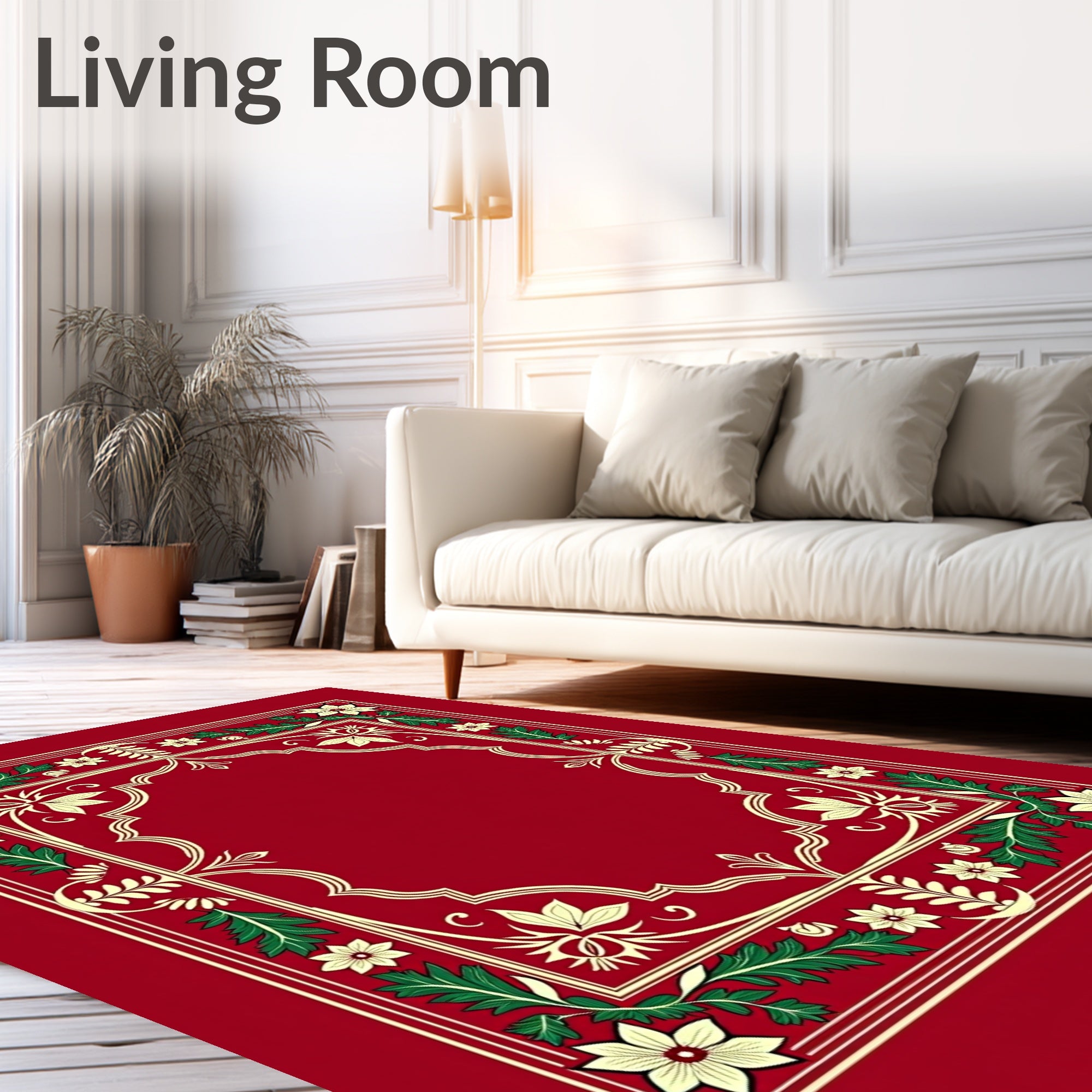 Ornate Red Floral Scroll Border Rug