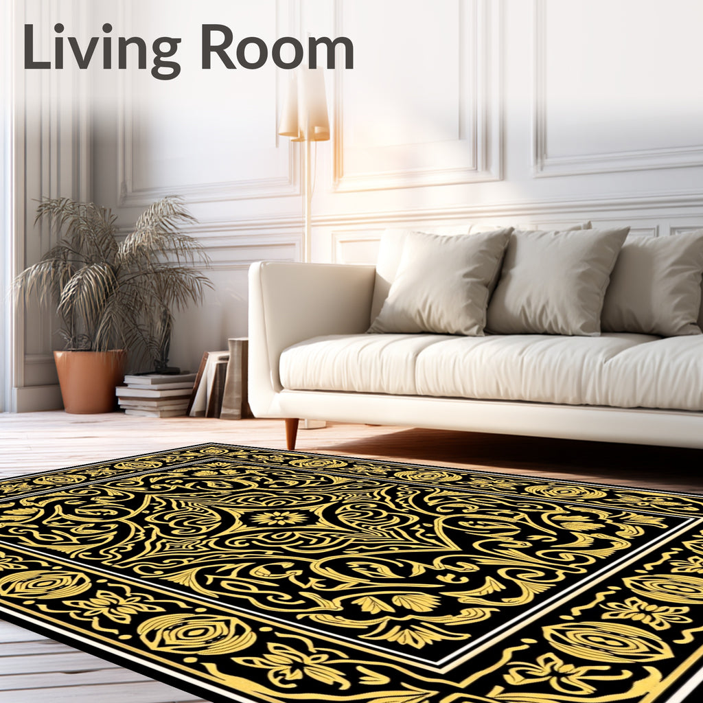 Gold Black Ornamental Floral Border Rug