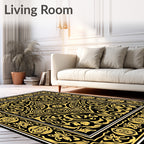 Gold Black Ornamental Floral Border Rug