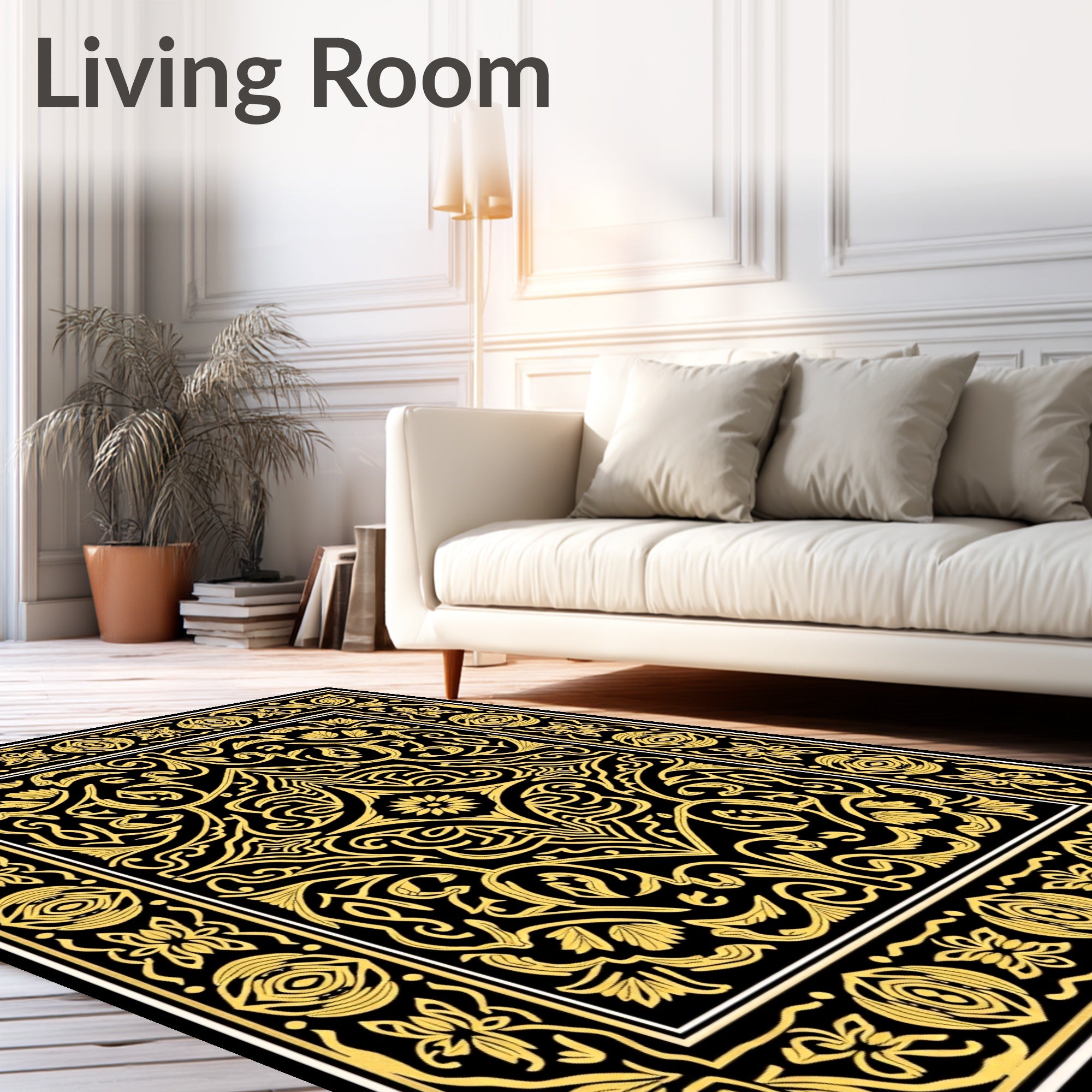 Gold Black Ornamental Floral Border Rug