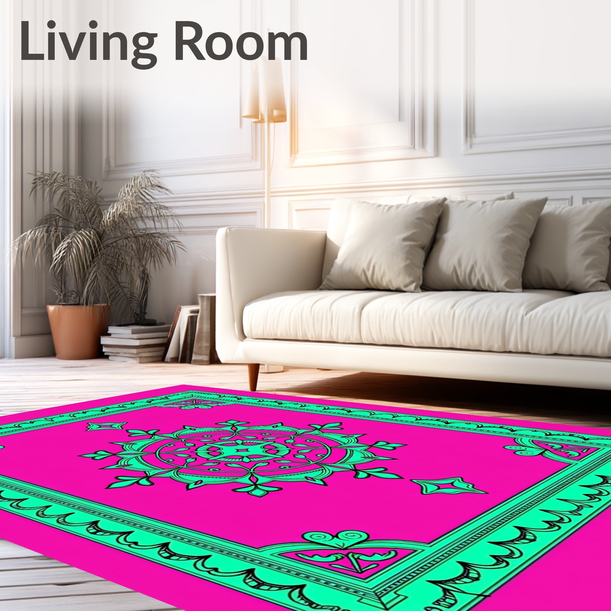 Vibrant Pink Teal Medallion Frame Rug
