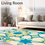 Teal Yellow Floral Garden Medallion Rug