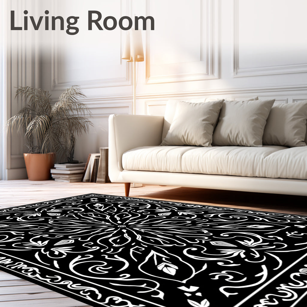 Black White Floral Mandala Symmetry Rug