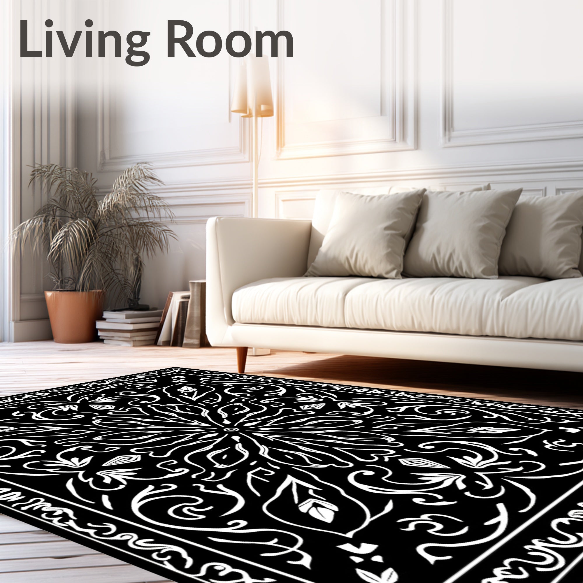 Black White Floral Mandala Symmetry Rug