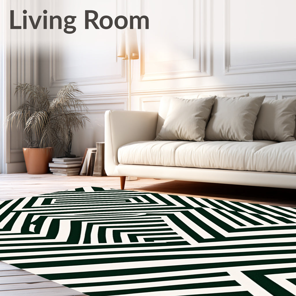 Dark Green White Geometric Maze Rug