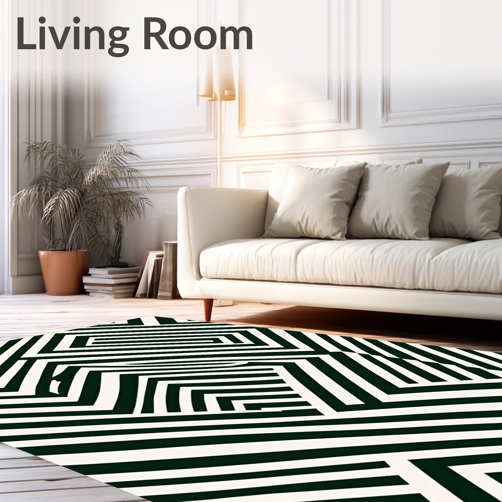 Dark Green White Geometric Maze Rug
