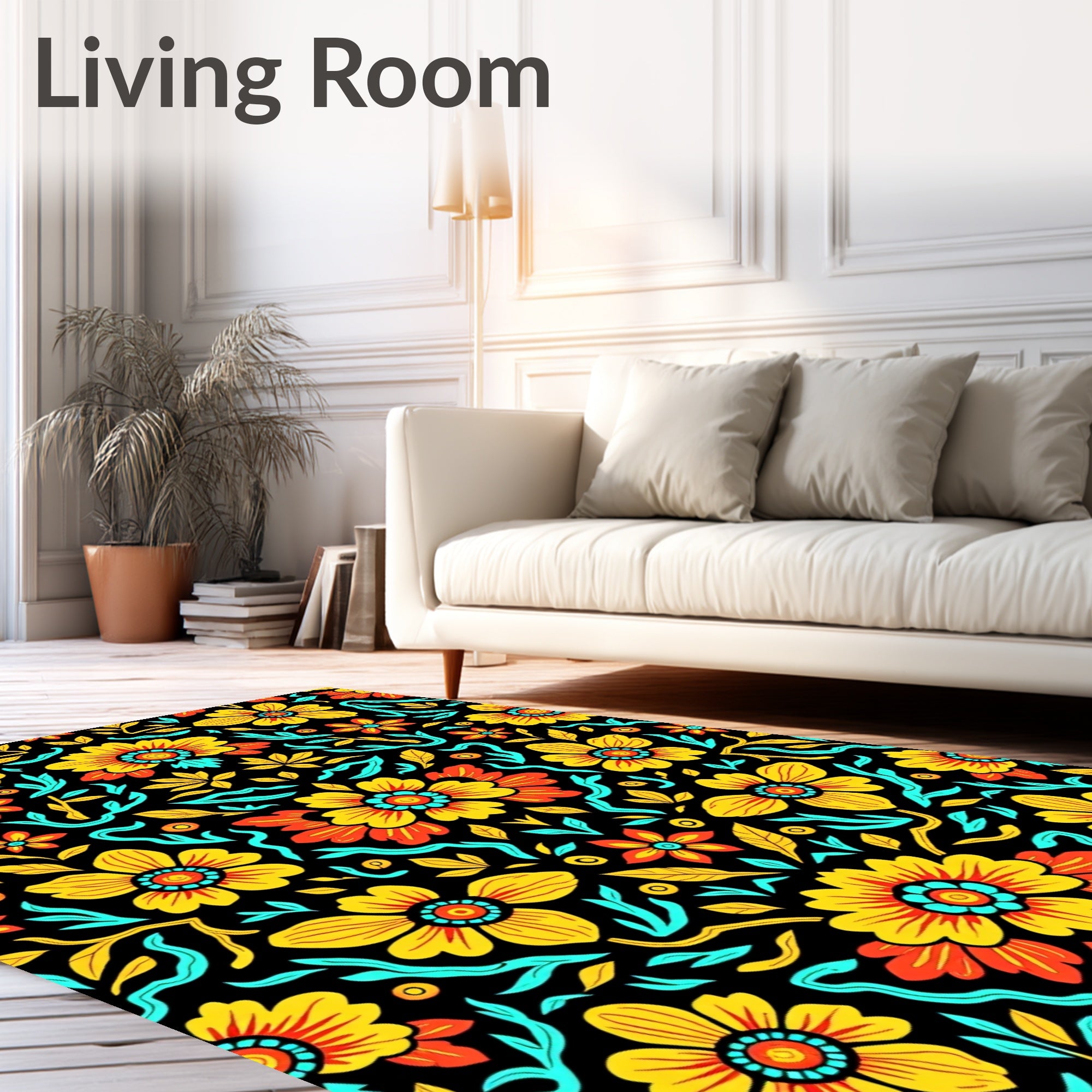Golden Yellow Red Floral Symmetry Rug