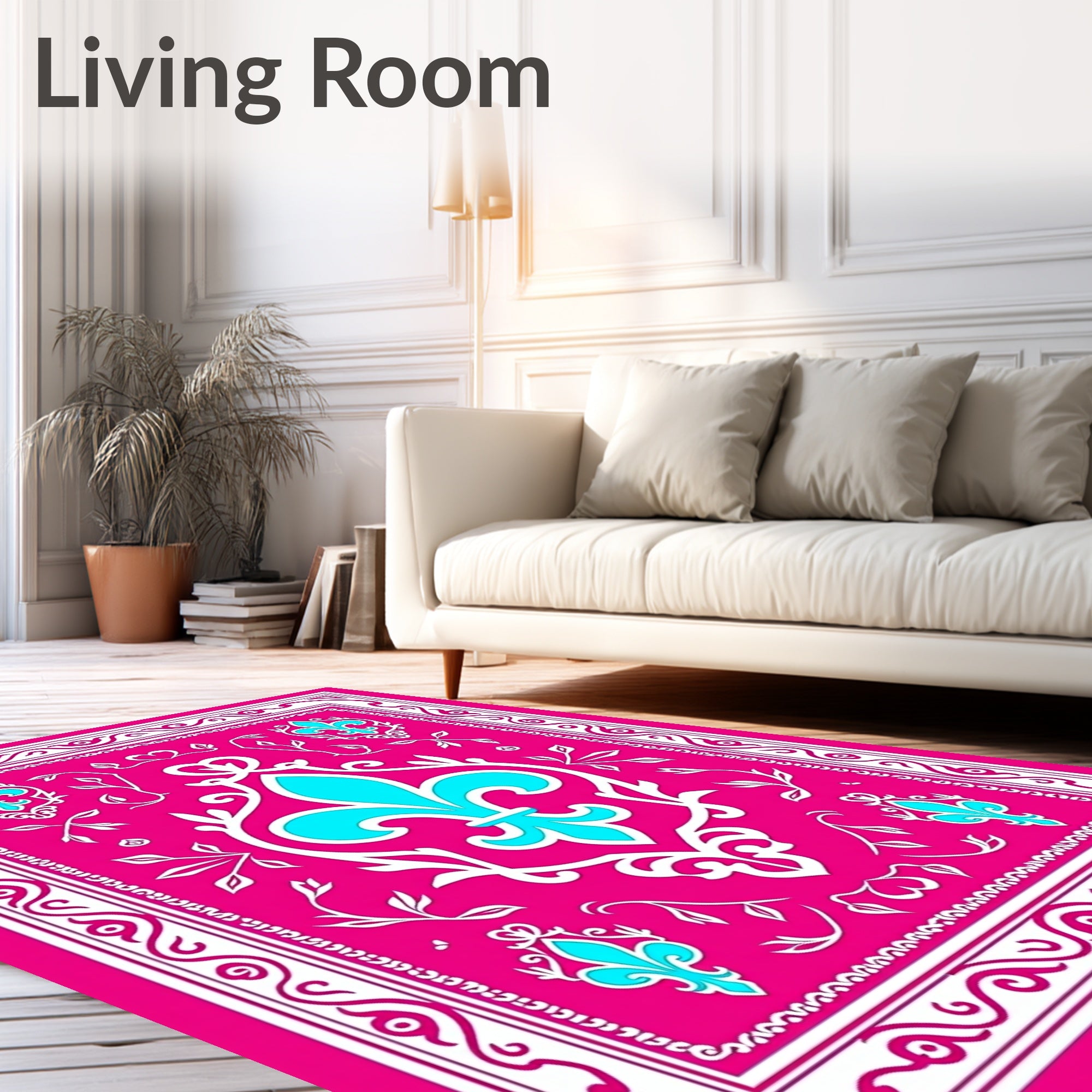 Bold Pink Fleur de Lis Border Rug