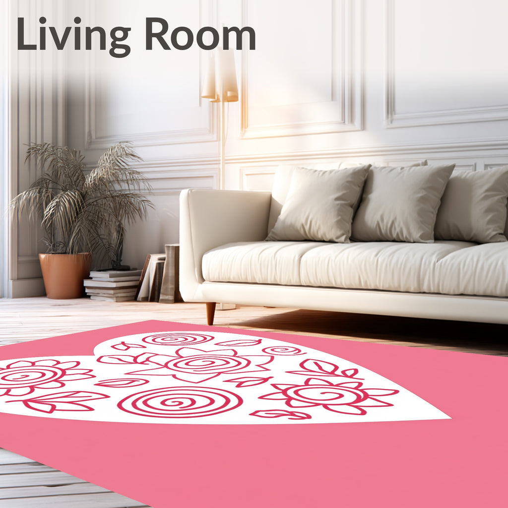 Pink Heart Floral Whimsical Art Rug