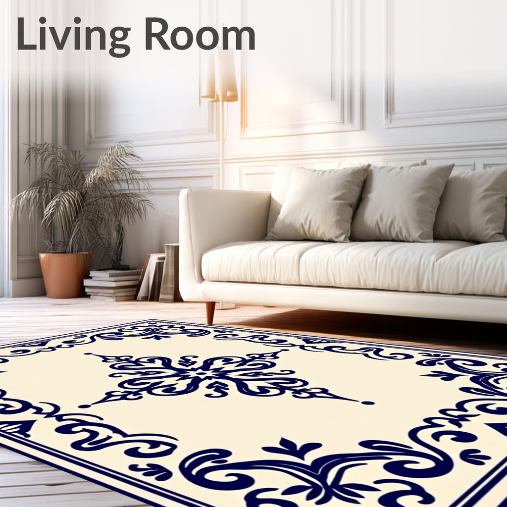 Deep Blue Floral Scroll Medallion Rug