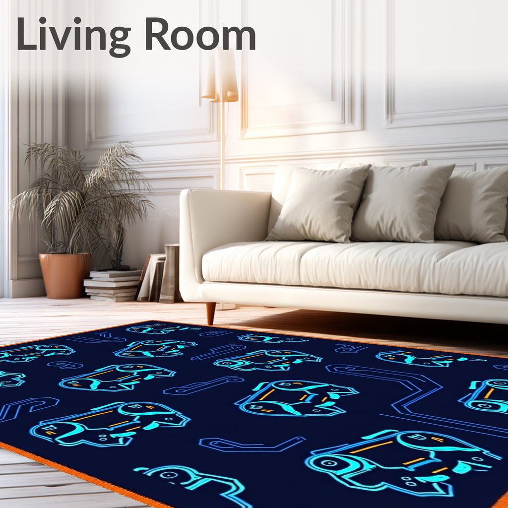 Neon Blue Cybernetic Chip Grid Rug