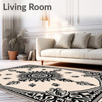 Black Cream Floral Sunburst Medallion Rug