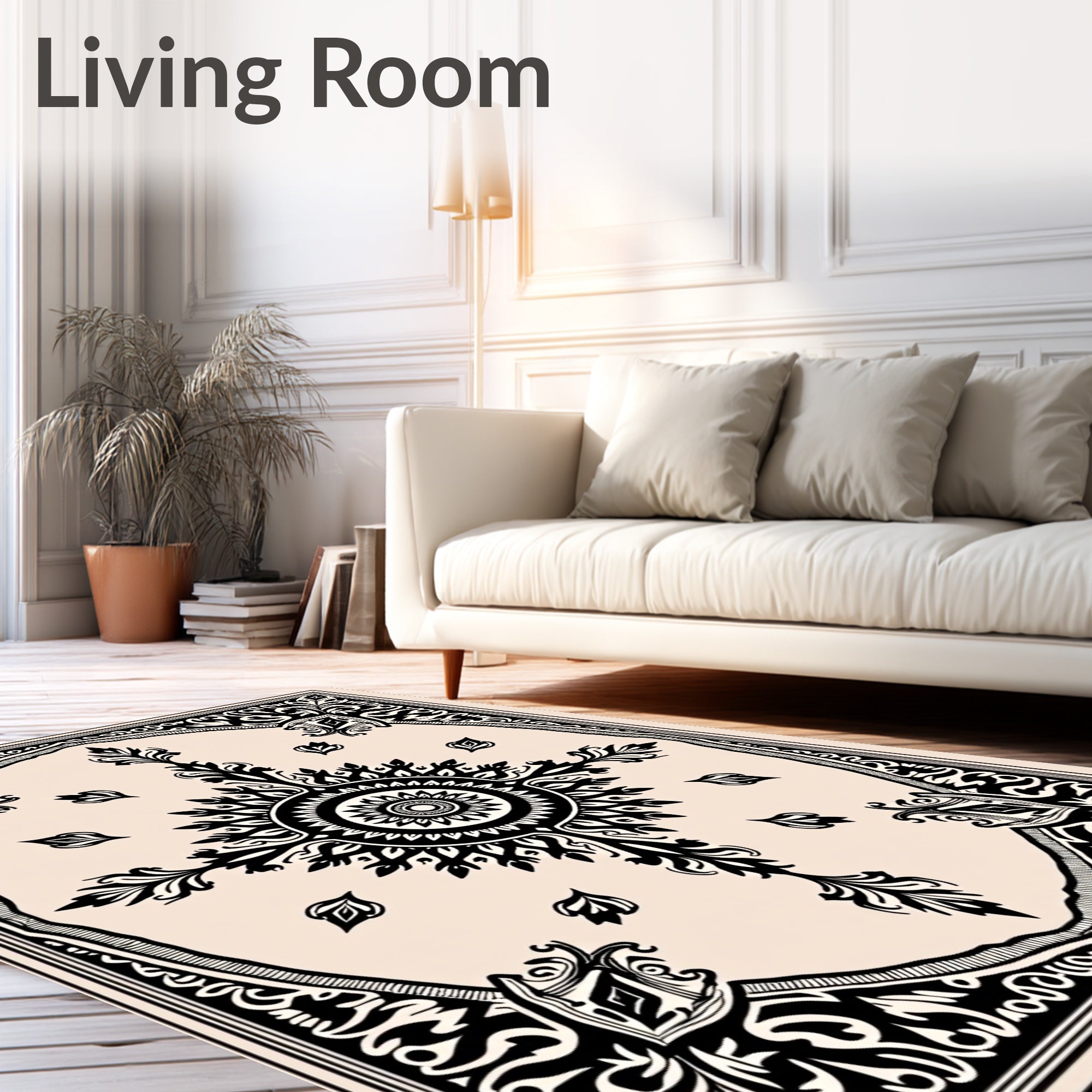 Black Cream Floral Sunburst Medallion Rug