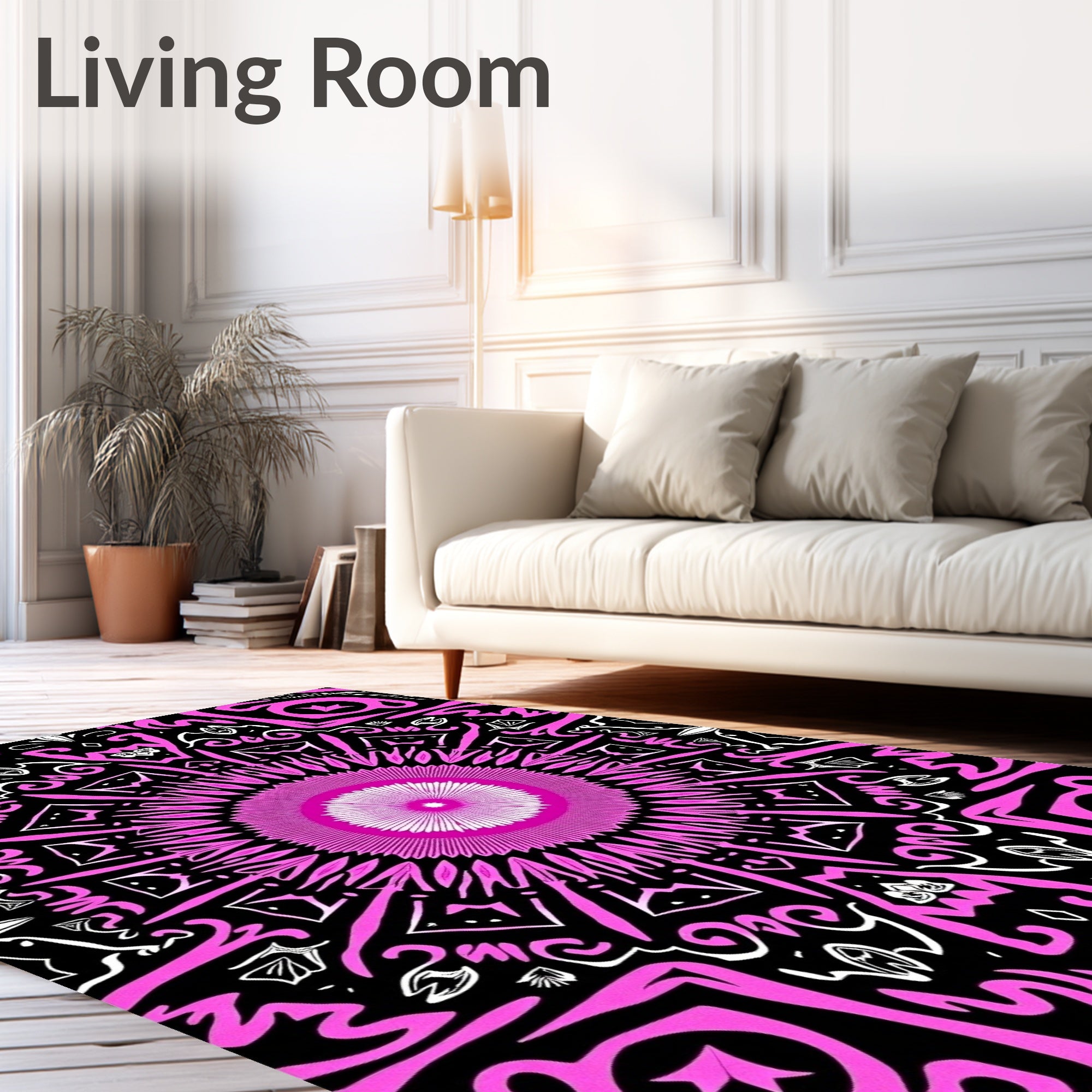 Vibrant pink black starburst mandala Rug