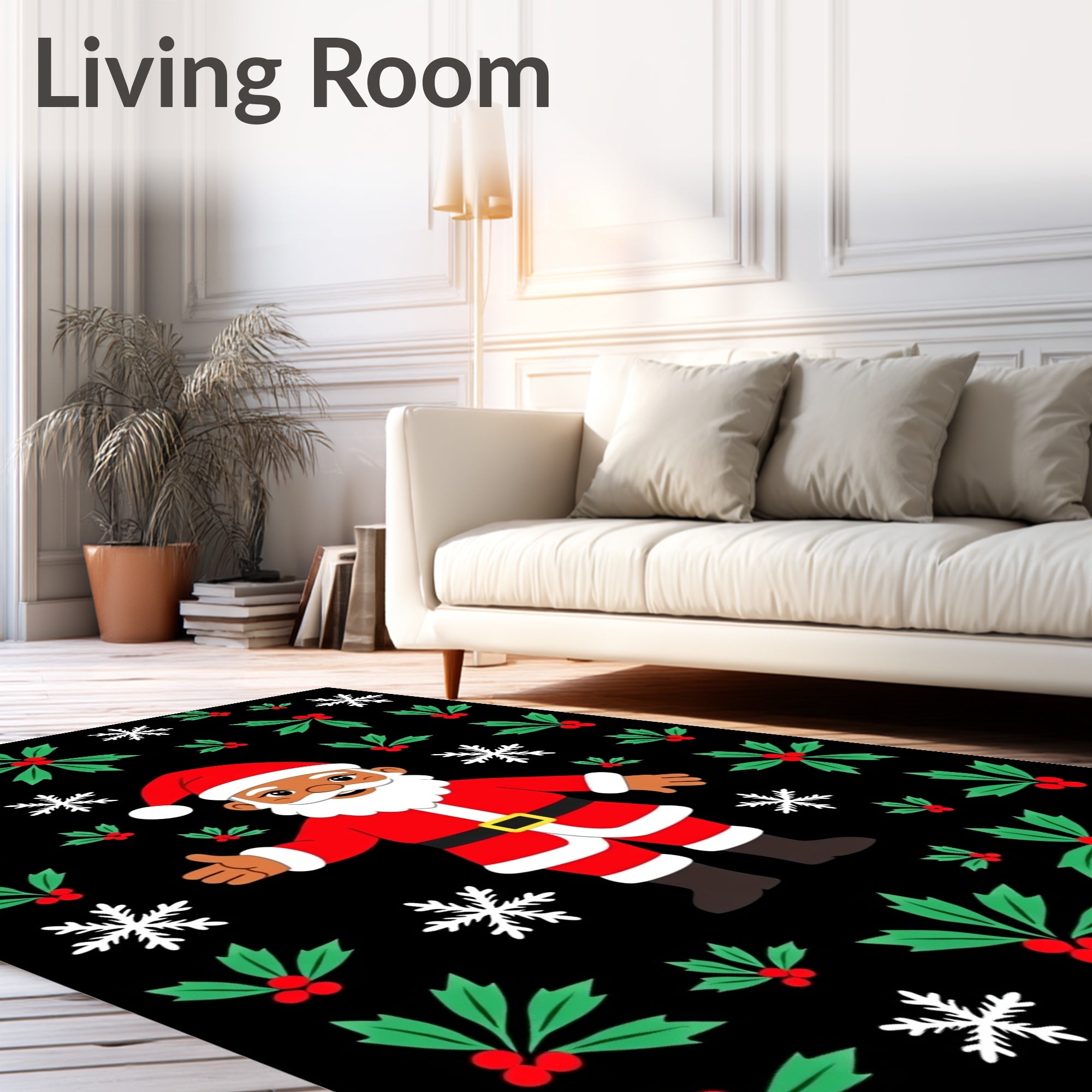 Festive Santa Holly Snowflake Black Rug