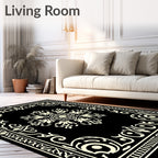 Ornate Black Ivory Medallion Border Rug