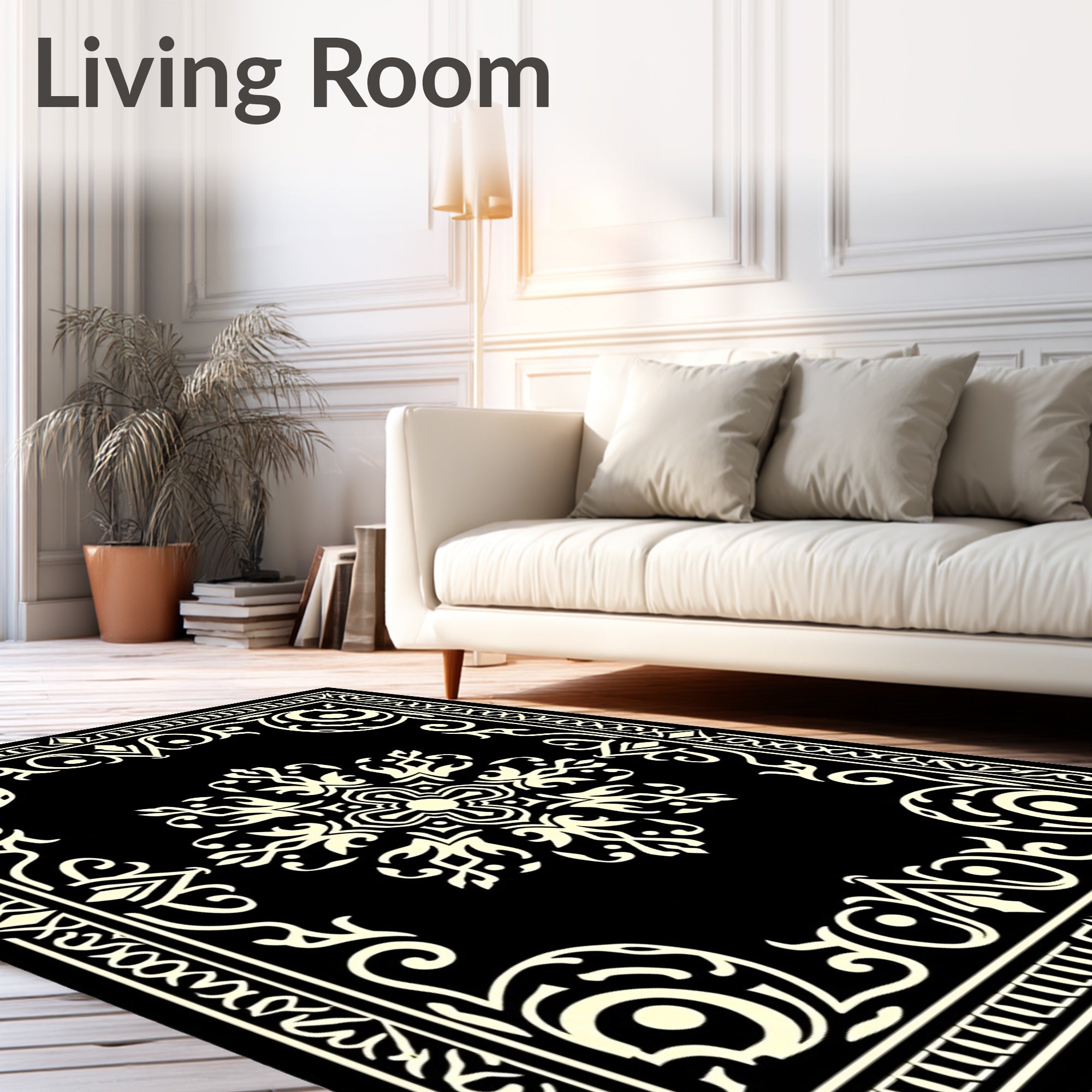 Ornate Black Ivory Medallion Border Rug