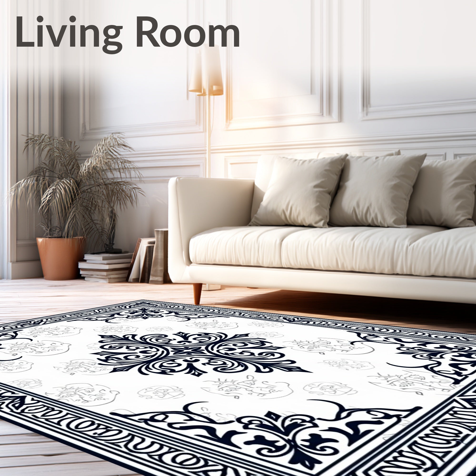Black White Ornate Portrait Scroll Rug