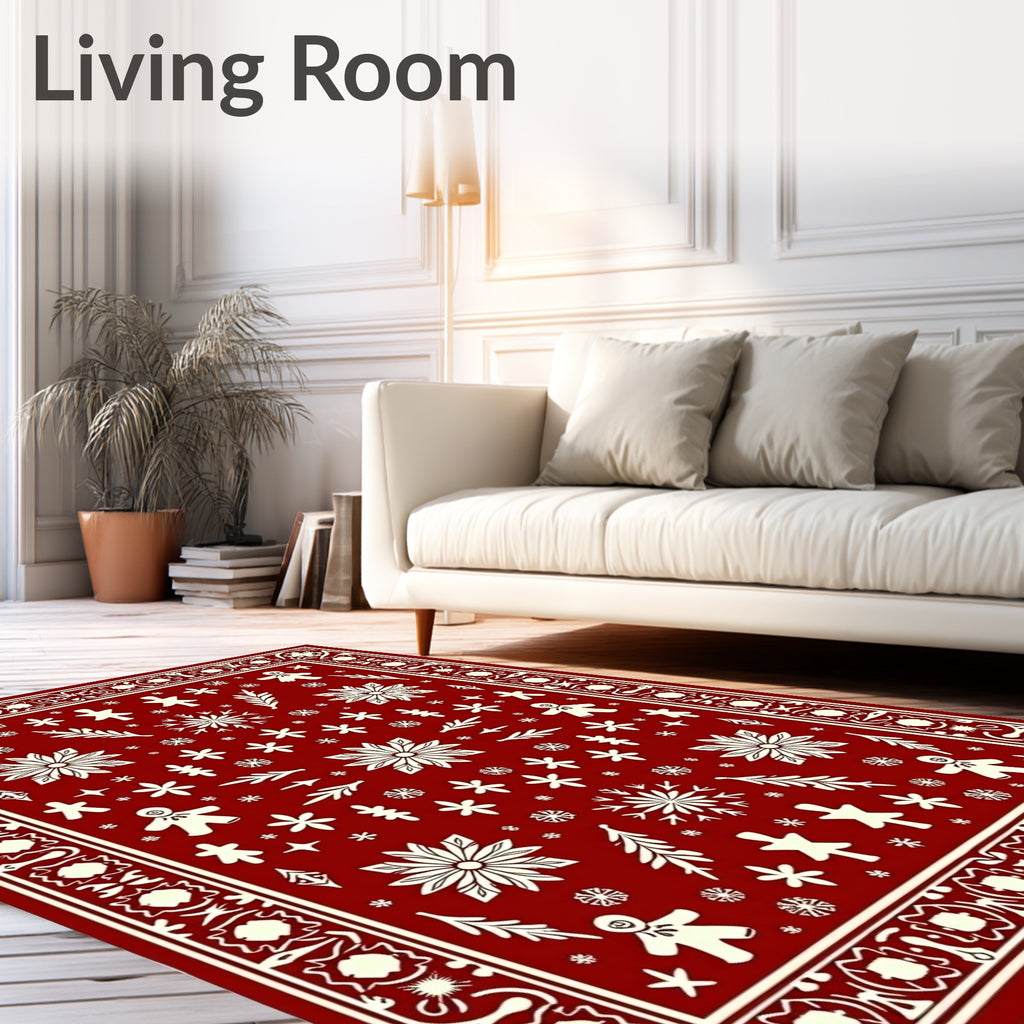 Festive Red Gingerbread Snowflakes Border Rug