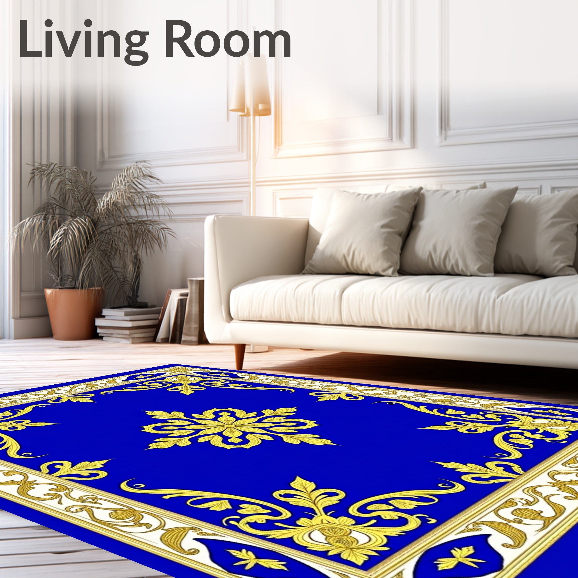 Royal Blue Golden Floral Medallion Rug
