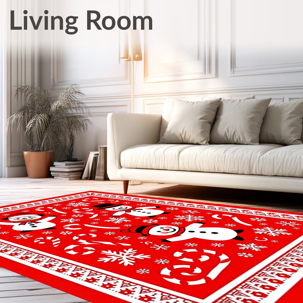 Charming Red Snowman Candy Cane Snowflakes Rug