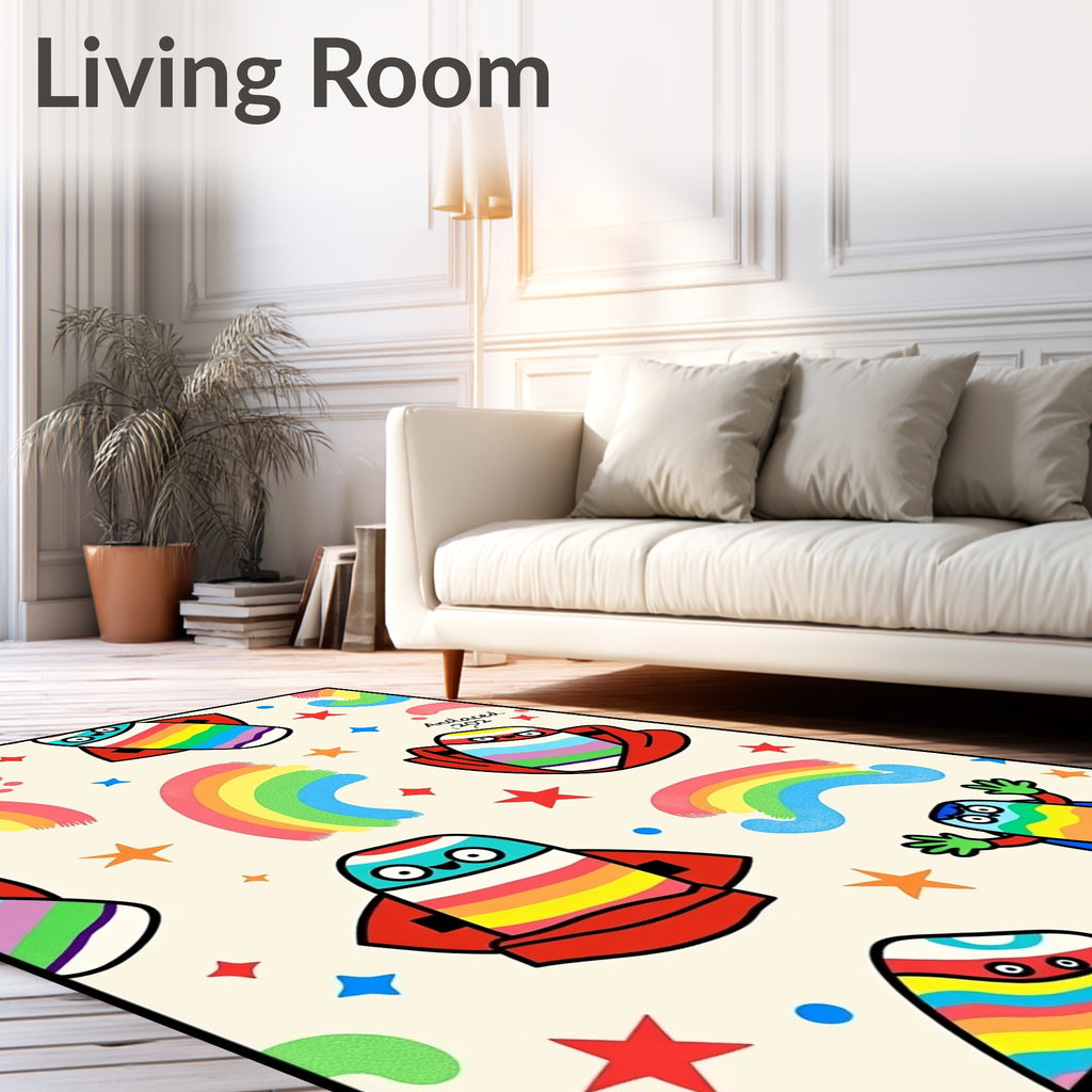 Whimsical Colorful Rainbow Rocket Characters Rug