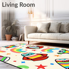 Whimsical Colorful Rainbow Rocket Characters Rug