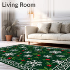 Green White Snowflake Holly Border Rug