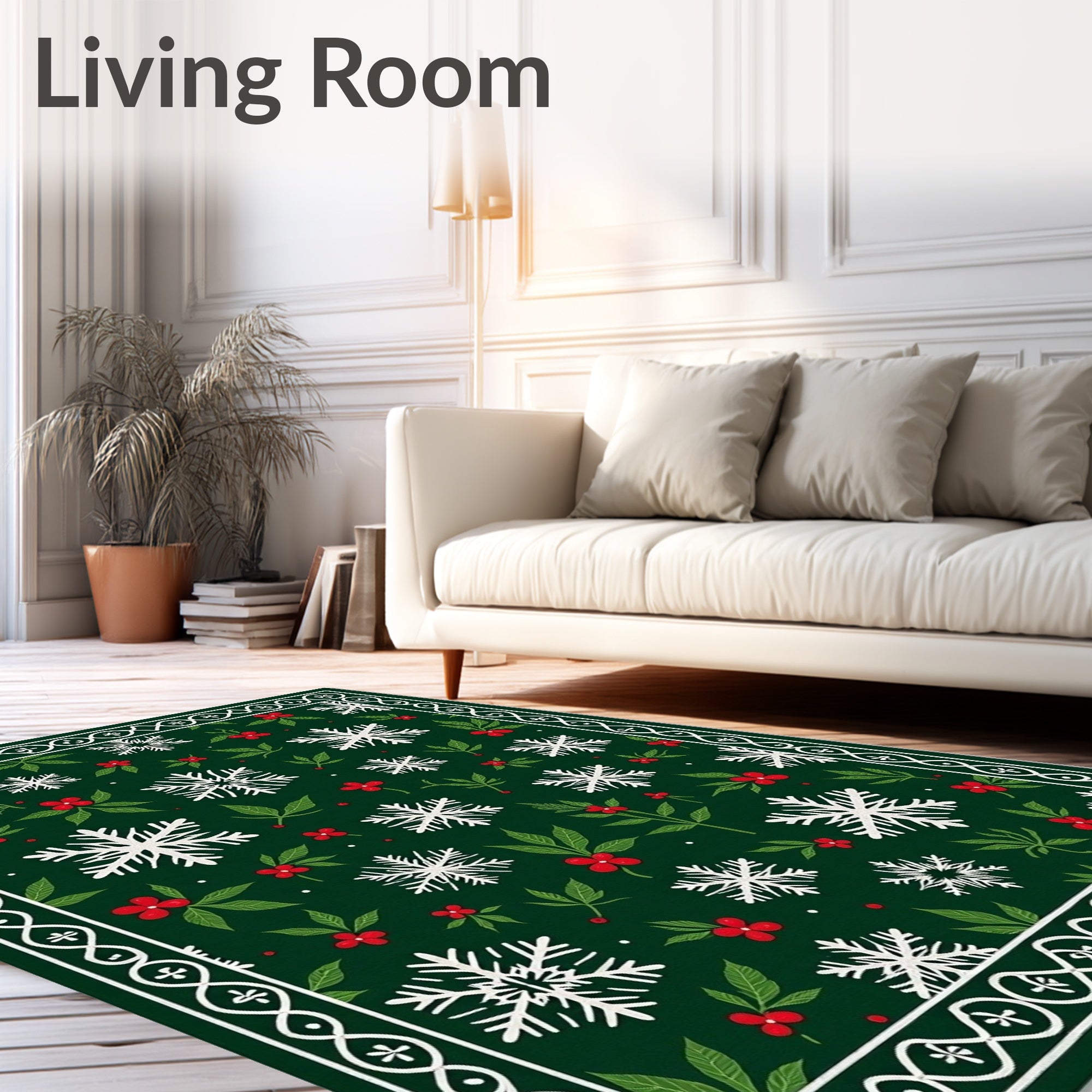 Green White Snowflake Holly Border Rug